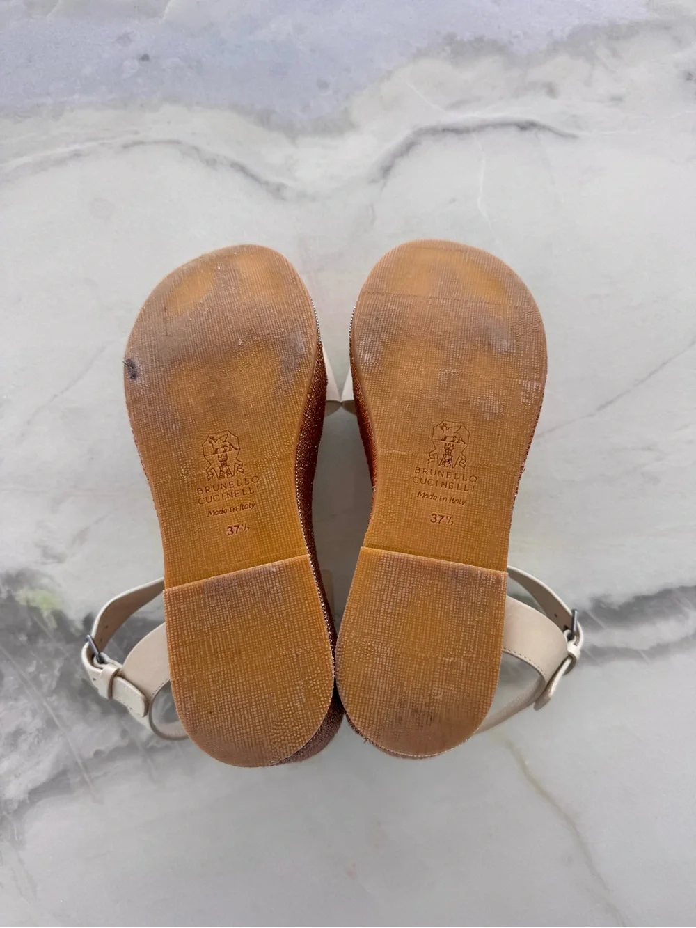 Brunello Cucinelli Cream Leather Platform Ankle-Strap Sandals